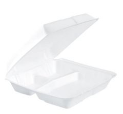 Dart 95HT3R 3-Compartment Hinged Foam To-Go Container, 9-1/2"x9-1/4"x3"
